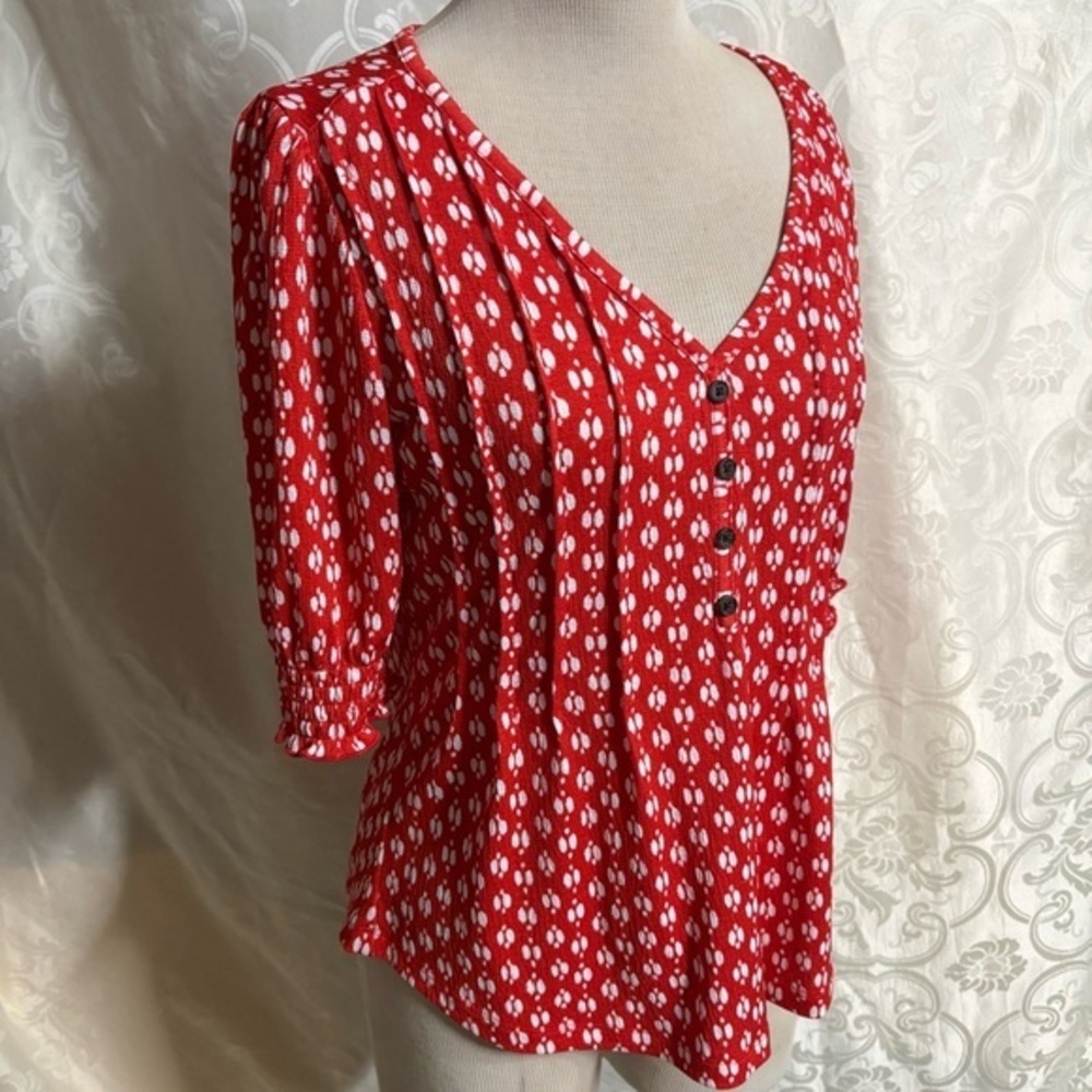 Fred David Red V-Neck Button Front Dotted Blouse